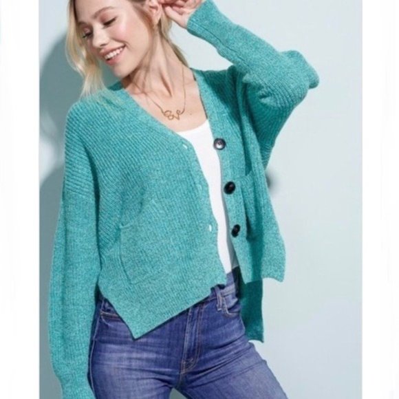 Teal Oversized Cardigan Knit Cropped Boho Sweater - Picture 3 of 3